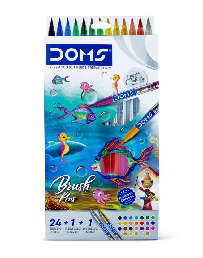 DOMS Brush Pen Box Pack Flexible and Soft Tip That Gives Water Color Effect Includes One Silver and Gold Shade Inside Lightweight Brush Pens For Kids Set Of 26 Shades