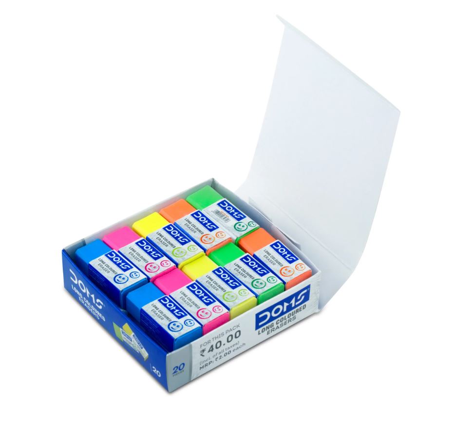DOMS Long Coloured Erasers For Clean and Clear Erasing Non-Toxic Dust Free Pack Of 20 Pieces