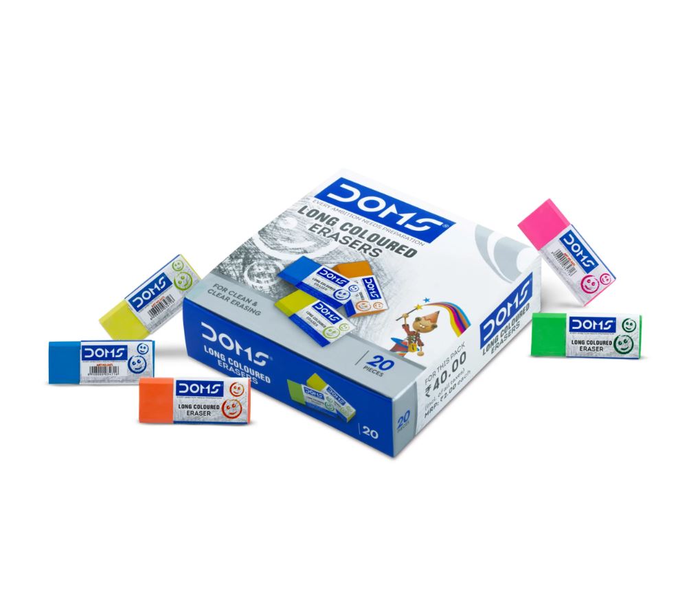 DOMS Long Coloured Erasers For Clean and Clear Erasing Non-Toxic Dust Free Pack Of 20 Pieces