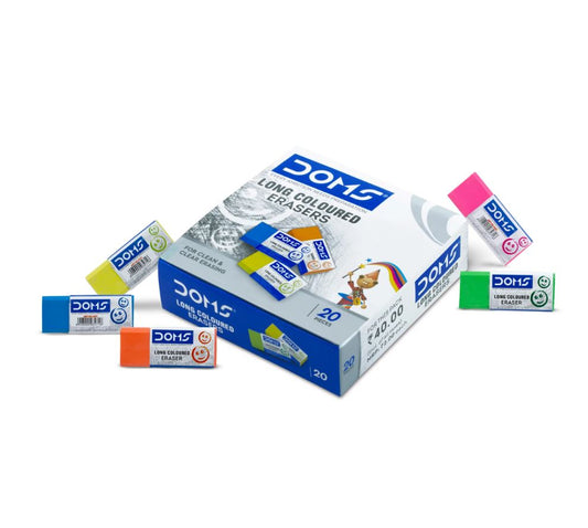 DOMS Long Coloured Erasers For Clean and Clear Erasing Non-Toxic Dust Free Pack Of 20 Pieces