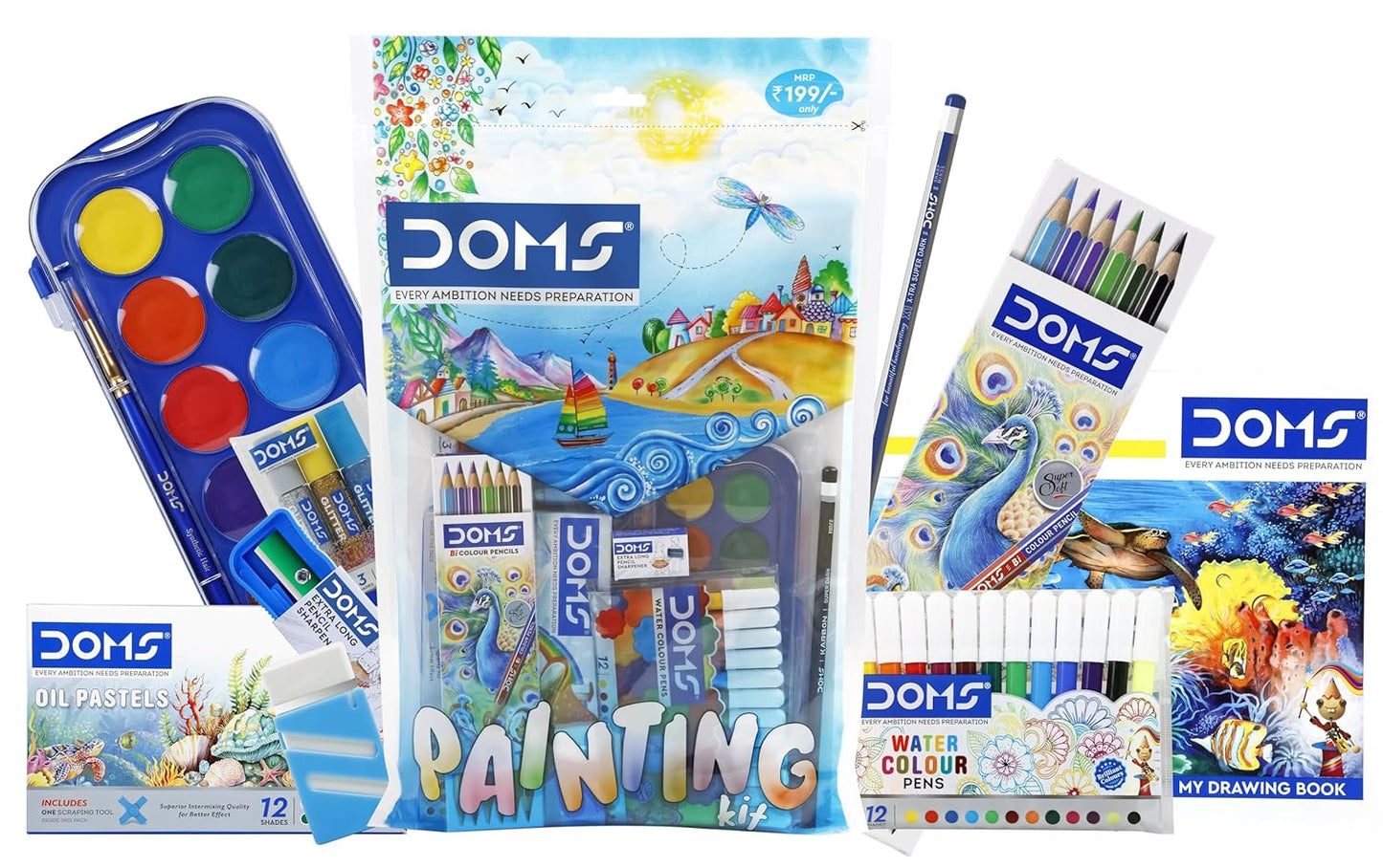 DOMS Painting Kit Combination of 9 Painting and Coloring Items Multicolor Perfect Value Pack Kit for School Essentials Gifting Range for Kids