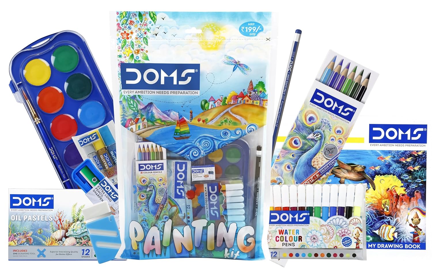 DOMS Painting Kit Combination of 9 Painting and Coloring Items Multicolor Perfect Value Pack Kit for School Essentials Gifting Range for Kids