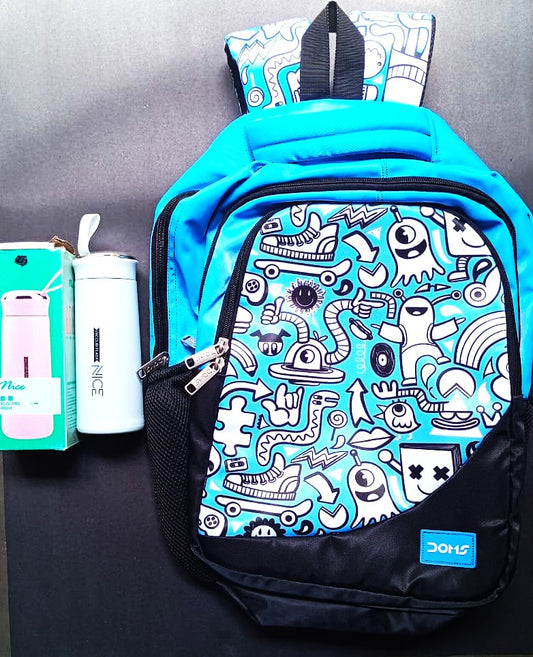 DOMS Waterproof Doodle Print School Bag for Kids and Teens Stylish Cartoon Design Lightweight and Durable Unisex With Free Nice Glass Water Bottle 1 piece 400 ML
