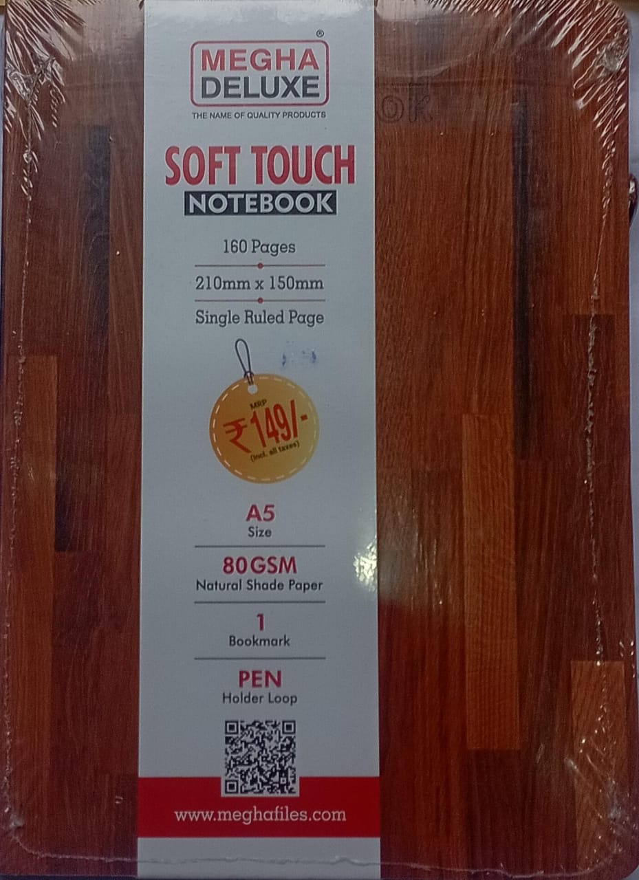 Megha Deluxe Soft Touch Notebook packaging with price tag on a wooden surface