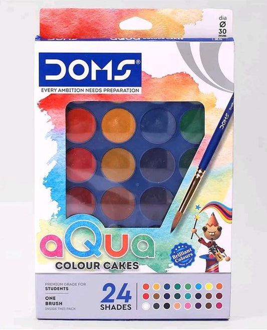 Doms Aqua Colour Cakes 24 Shades 30mm Water Colour Cakes Free One Brush Inside Easy to Use Palette Lid Organic Rich Colour Pigments Non-Toxic and Safe for Kids Pack of 1