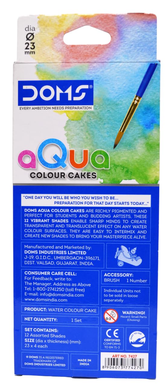Doms Aqua Water Colour Cakes 12 Shades 23 mm Rich Colour Pigment Premium Grade For Students With FREE 1 Brush Best Birthday Gift Useful For Drawing and Colouring Pack of 1