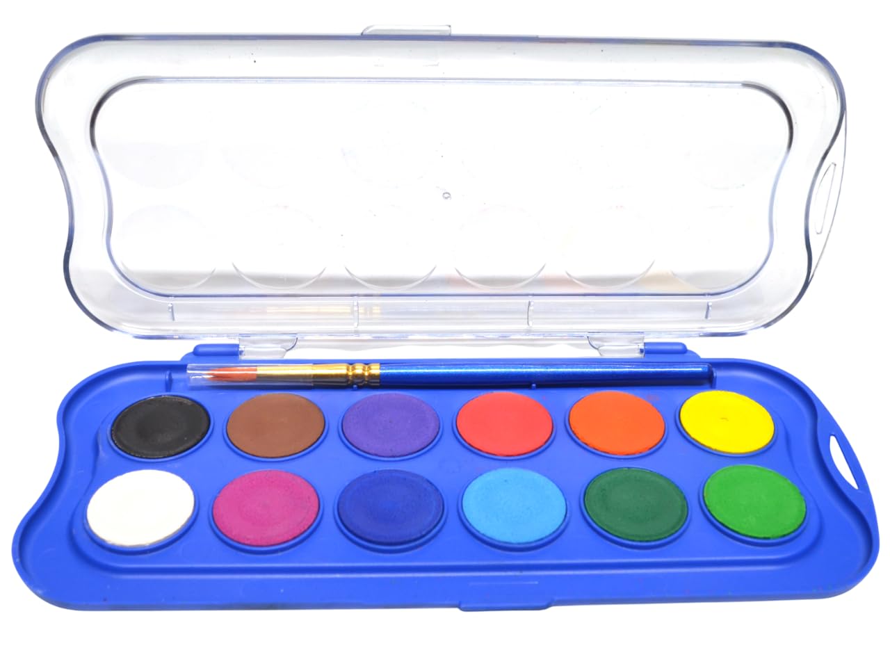 Doms Aqua Water Colour Cakes 12 Shades 23 mm Rich Colour Pigment Premium Grade For Students With FREE 1 Brush Best Birthday Gift Useful For Drawing and Colouring Pack of 1