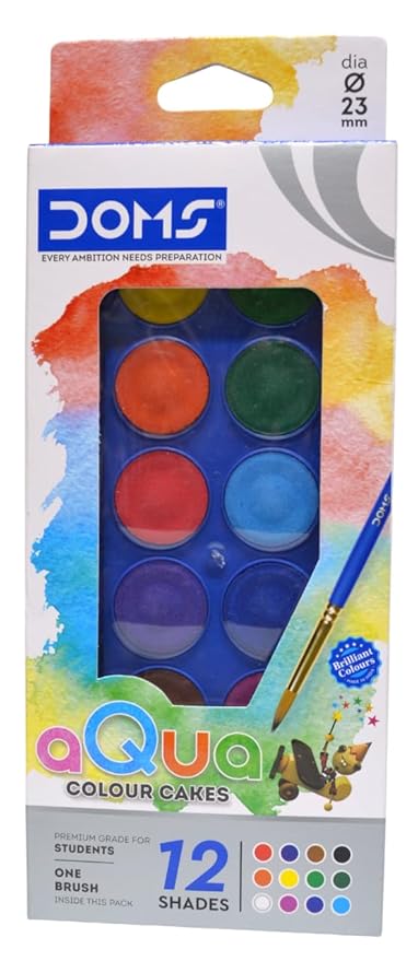 Doms Aqua Water Colour Cakes 12 Shades 23 mm Rich Colour Pigment Premium Grade For Students With FREE 1 Brush Best Birthday Gift Useful For Drawing and Colouring Pack of 1