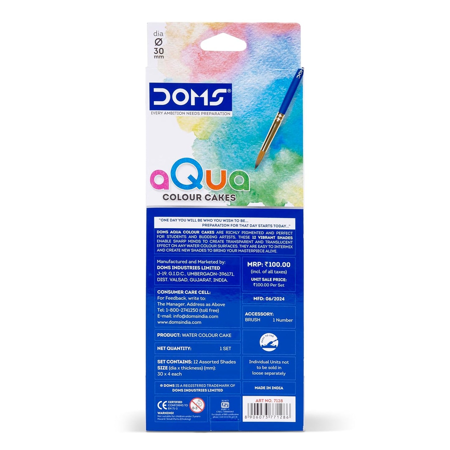 Doms Aqua Water Colour Cakes 12 Shades 30 mm Rich Colour Pigment Premium Grade For Students With FREE 1 Brush Best Birthday Gift Useful For Drawing and Colouring Pack of 1