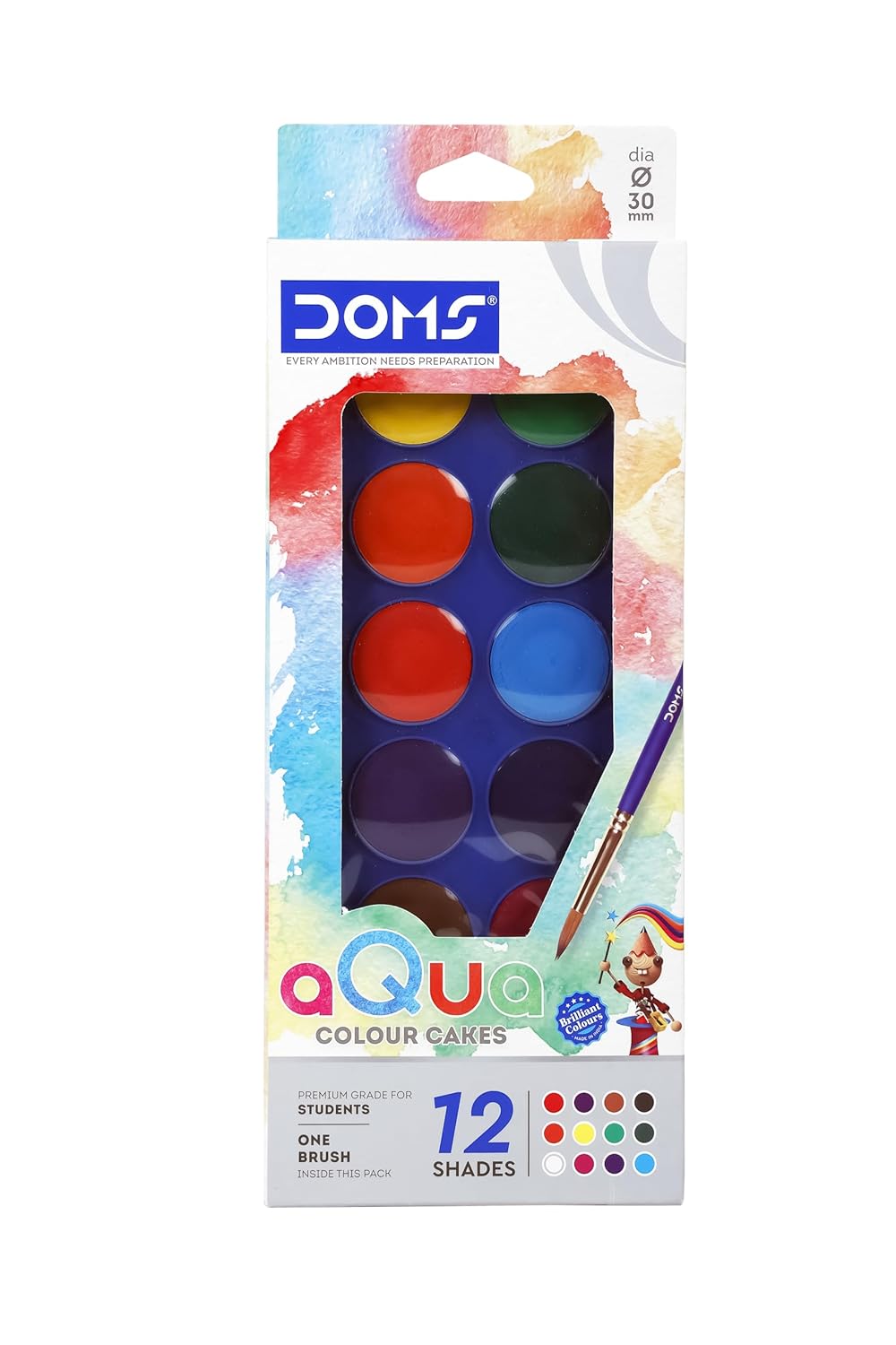 Doms Aqua Water Colour Cakes 12 Shades 30 mm Rich Colour Pigment Premium Grade For Students With FREE 1 Brush Best Birthday Gift Useful For Drawing and Colouring Pack of 1