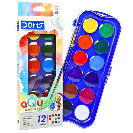Doms Aqua Water Colour Cakes 12 Shades 30 mm Rich Colour Pigment Premium Grade For Students With FREE 1 Brush Best Birthday Gift Useful For Drawing and Colouring Pack of 1
