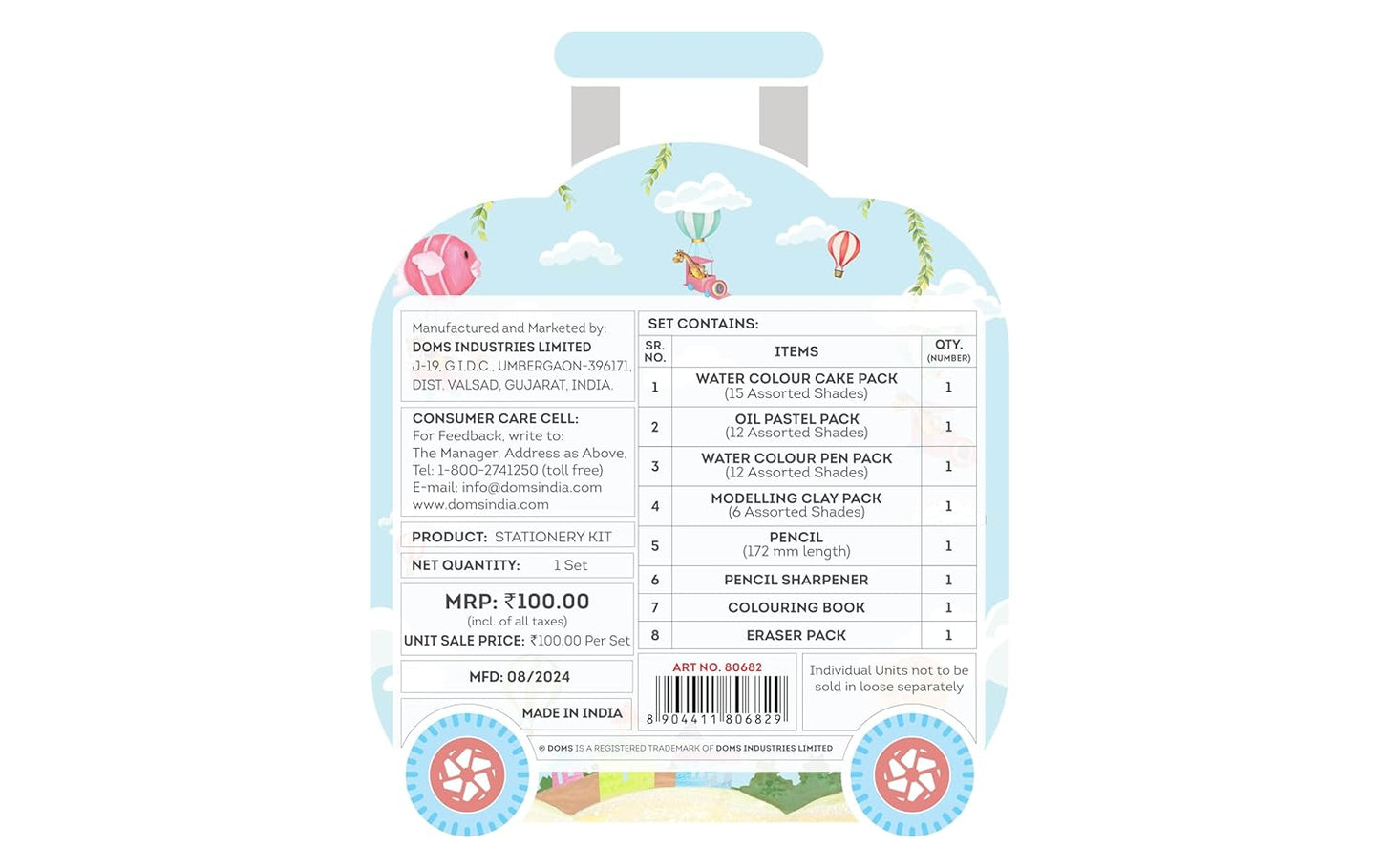 Doms Art On Wheels Assorted Stationery Items Kit Combination of 8 Stationary Items Perfect Value Pack Kit for Creative Minds Gift Easy to Carry A Fine Birthday Gift for Children Pack of 1