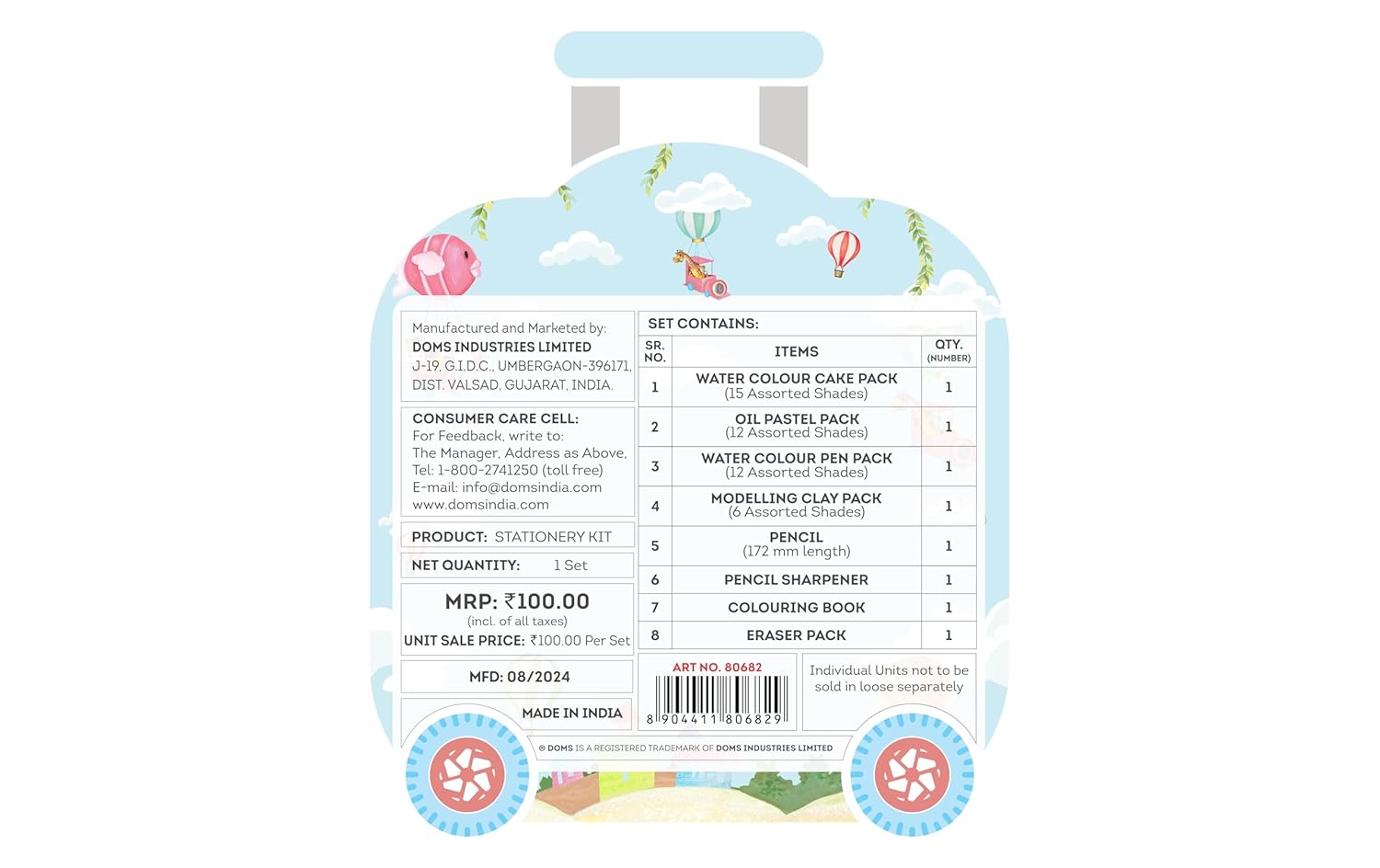 Doms Art On Wheels Assorted Stationery Items Kit Combination of 8 Stationary Items Perfect Value Pack Kit for Creative Minds Gift Easy to Carry A Fine Birthday Gift for Children Pack of 1