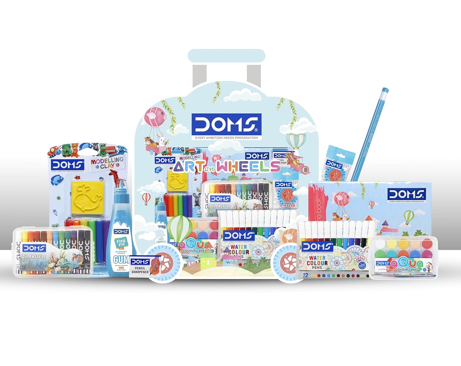 Doms Art On Wheels Assorted Stationery Items Kit Combination of 8 Stationary Items Perfect Value Pack Kit for Creative Minds Gift Easy to Carry A Fine Birthday Gift for Children Pack of 1