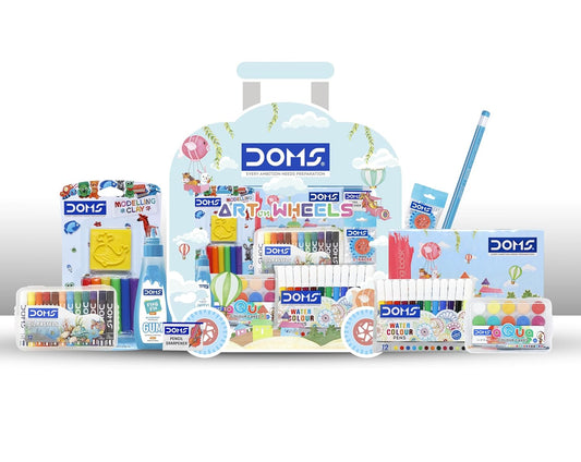 Doms Art On Wheels Assorted Stationery Items Kit Combination of 8 Stationary Items Perfect Value Pack Kit for Creative Minds Gift Easy to Carry A Fine Birthday Gift for Children Pack of 1