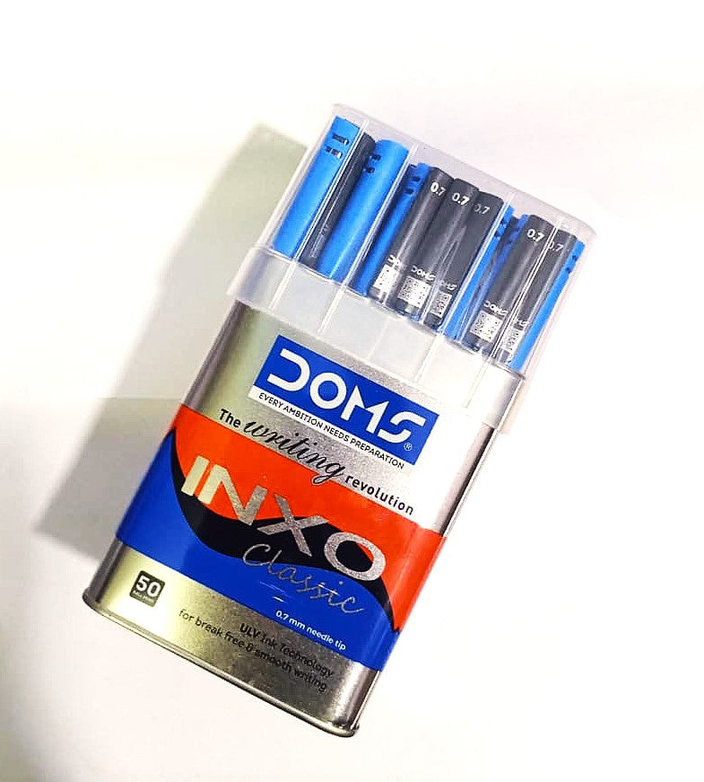 Doms INXO Classic 0.7 mm Needle Tip 50 Ball Point Pens ULV Ink Technology 50 PCS - 38 Blue, 8 Black, 4 Red Break Free and Smooth Writing For Daily Writing Use Pack Of 50