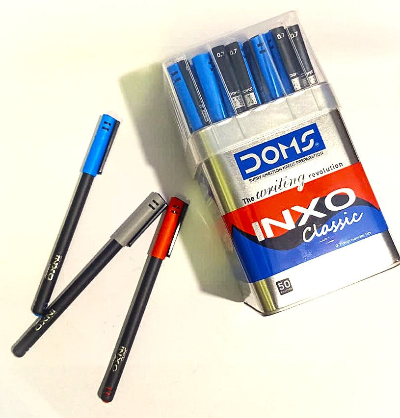 Doms INXO Classic 0.7 mm Needle Tip 50 Ball Point Pens ULV Ink Technology 50 PCS - 38 Blue, 8 Black, 4 Red Break Free and Smooth Writing For Daily Writing Use Pack Of 50