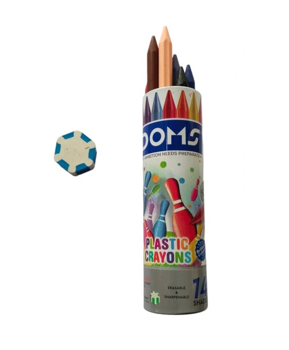 Doms Plastic Crayons 14 Shades Erasable and Sharpenable Plastic Crayons Round Tin Box Smooth and Even Shading Bright and Playful Colors Free Eraser Inside Non-Toxic and Safe for Childrens Pack of 1 Multicolor