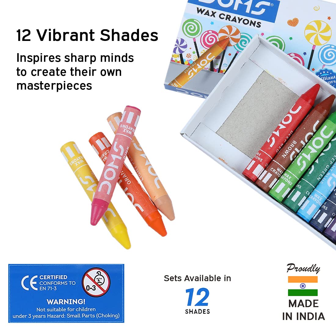 Doms Wax Crayons 12 Shades Non-Toxic Wax Crayon Safe for Childrens Set in Cardboard Box Pack of 1 Multicolour