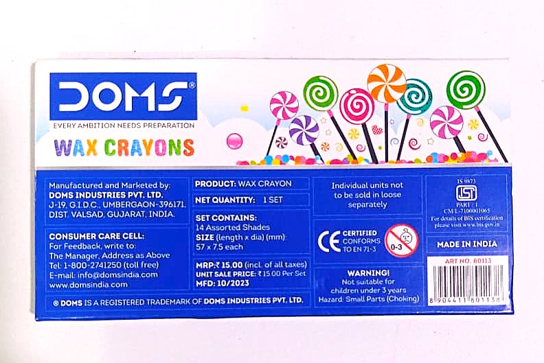 Doms Wax Crayons 14 Shades Non-Toxic Wax Crayon Safe for Childrens Set in Cardboard Box Pack of 1 Multicolour
