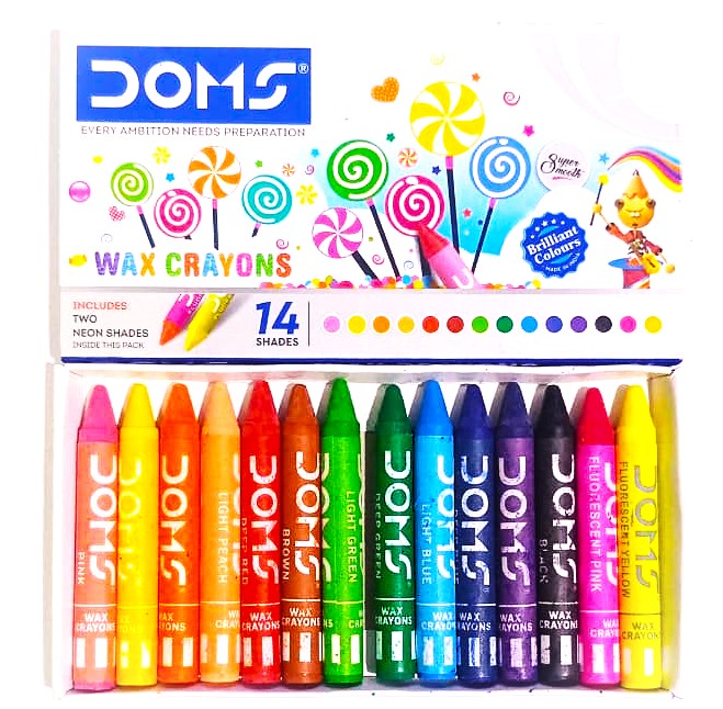 Doms Wax Crayons 14 Shades Non-Toxic Wax Crayon Safe for Childrens Set in Cardboard Box Pack of 1 Multicolour