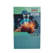 Diary cover with abstract design and '2026' text on a blue background