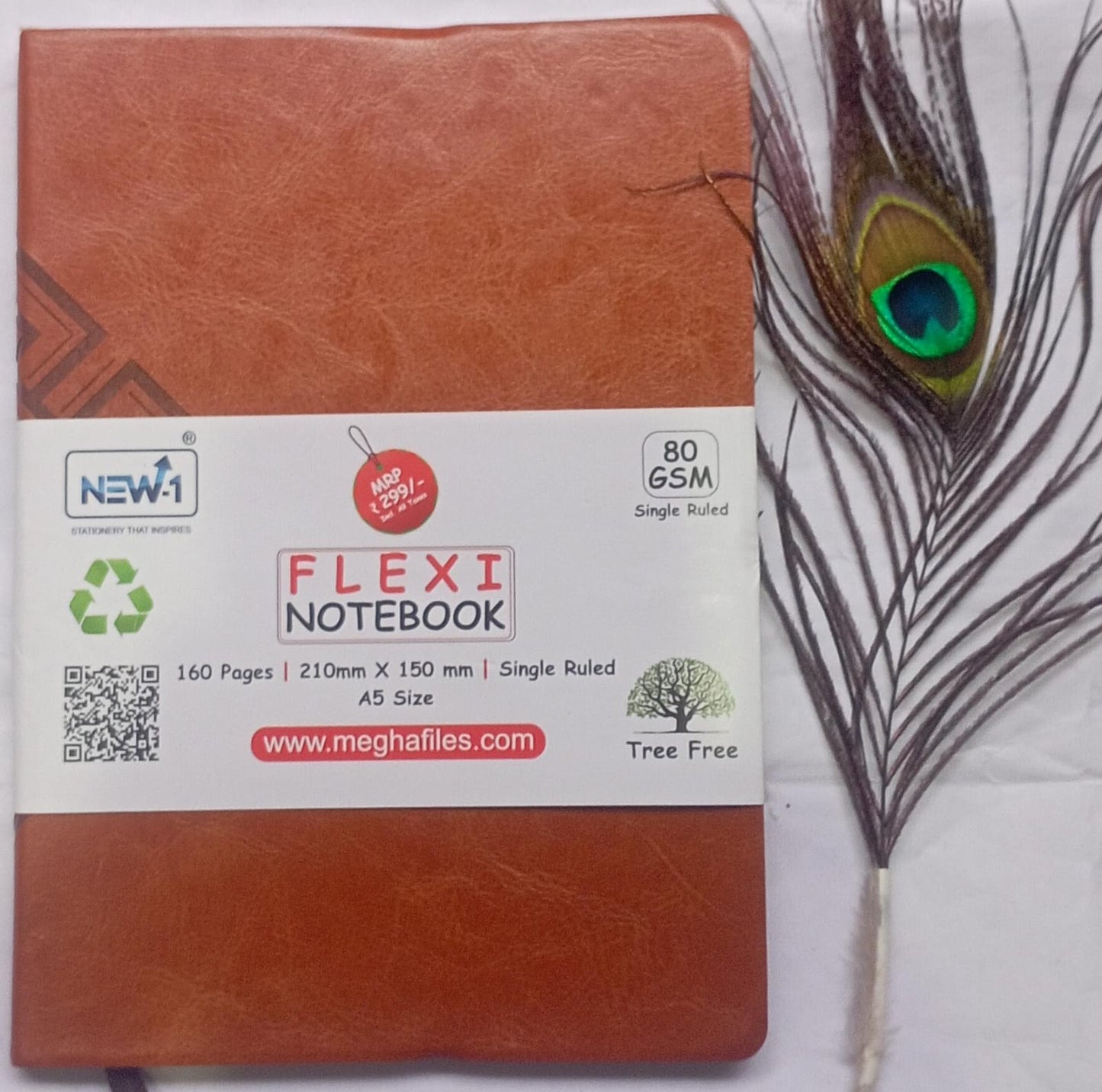 Flexi notebook with peacock feather on a white background