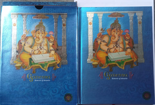 Blue notebook with an illustration of Ganesha on the cover