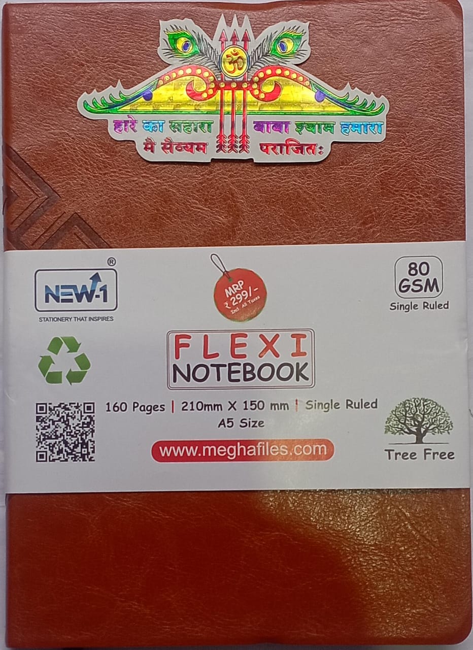 Brown notebook with Flexi Notebook branding and product details on a white label.
