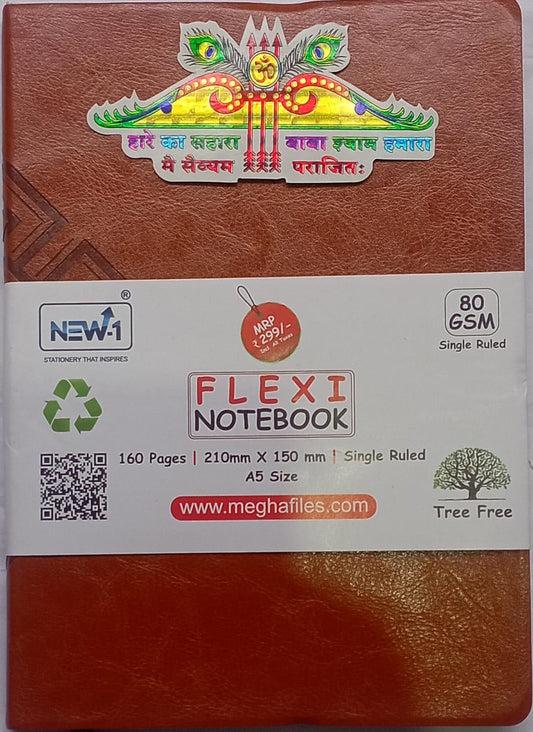 Brown notebook with Flexi Notebook branding and product details on a white label.
