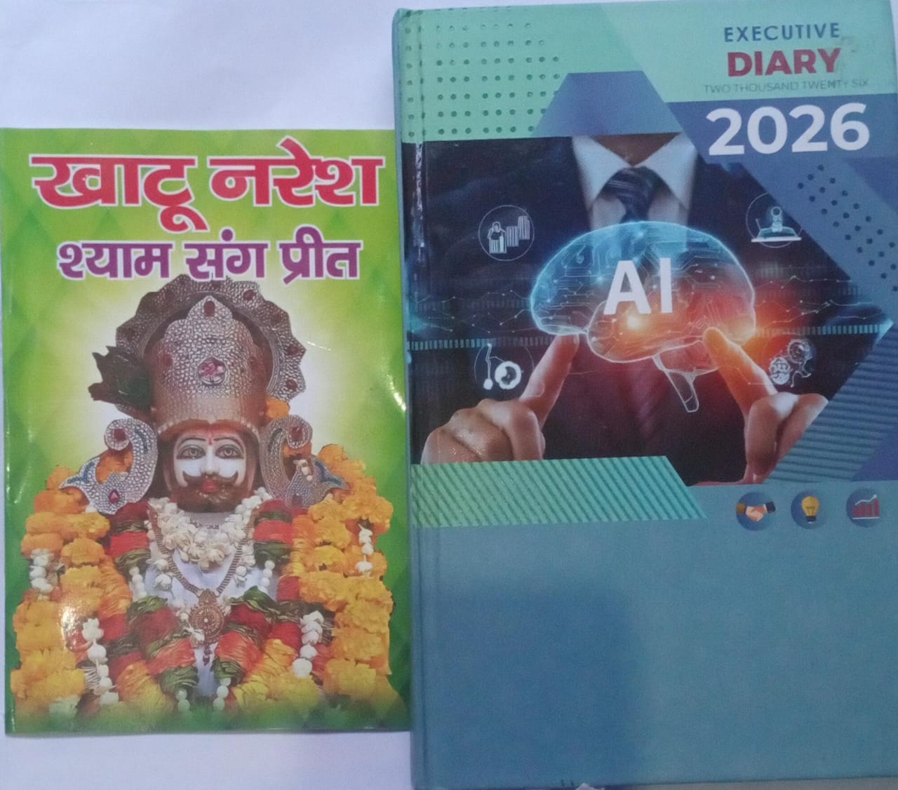 Two books, one with a religious figure and the other with 'AI' and a person, on a white background.