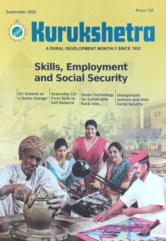 Cover of 'Kurukshetra' magazine featuring rural development topics with people at a table.