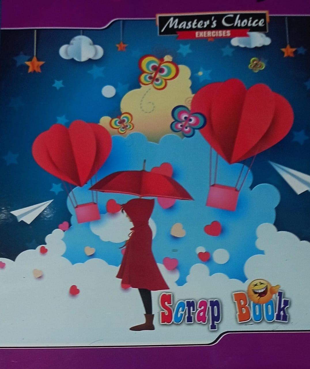 Scrapbook with colorful design featuring red umbrellas and hot air balloons on a blue background.