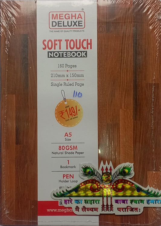 Megha Deluxe Soft Touch Notebook packaging on a wooden surface