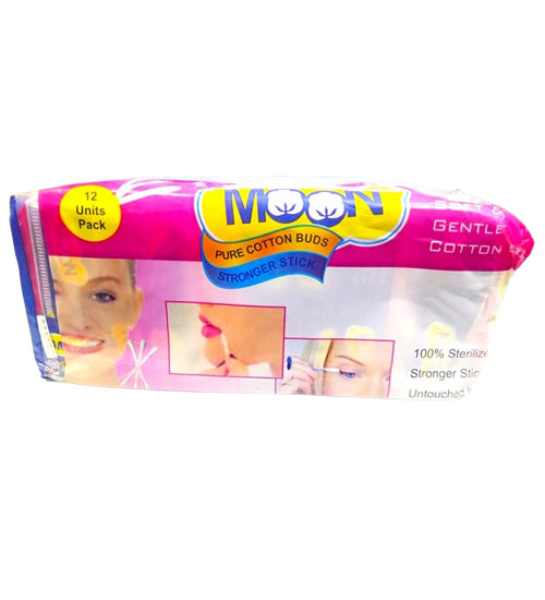 Moon Ear Buds 100% Pure Cotton Buds White Color Soft and Gentle Finish Sterilized Cotton Head Superior Fixing Stronger Stick Untouched By Hand 12 Units Pack