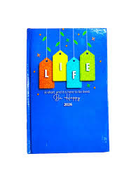 Blue notebook with colorful 'LIFE' tags on a white background