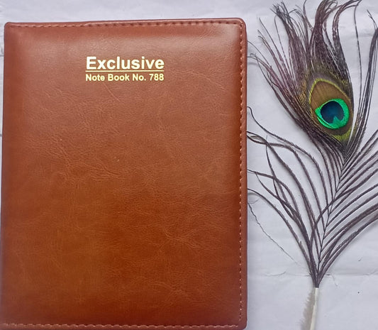 Brown notebook with 'Exclusive Note Book No. 788' text, next to a peacock feather on a white background