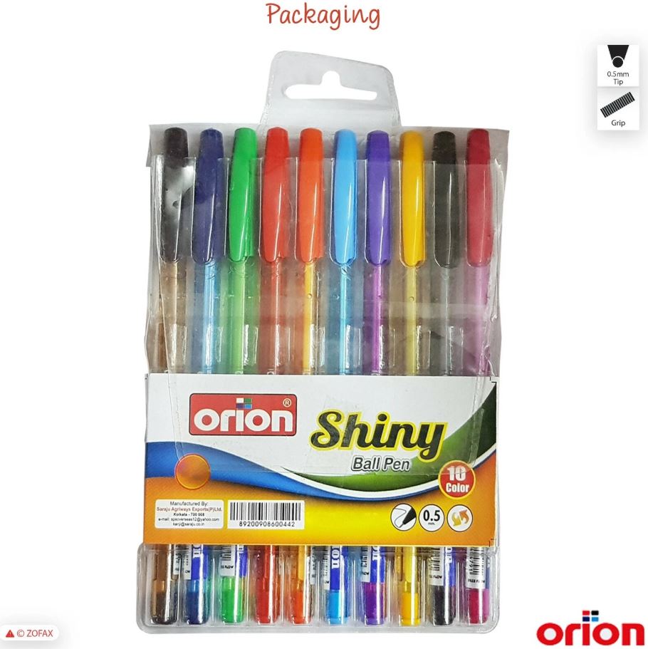 Orion Shiny Ball Pen 0.5 mm Multicolour Ballpoint Pens 10 x 0.5mm Fine Smooth Ink Flow Ball Pens Pack Of 10 Pcs