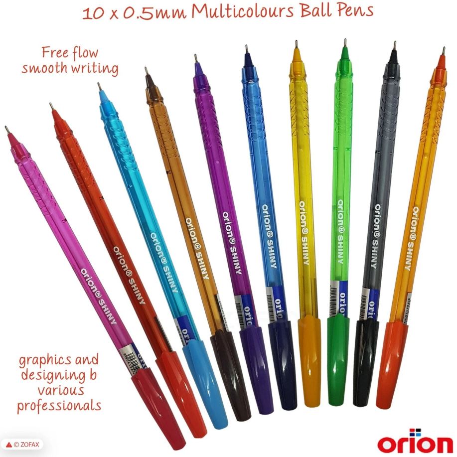 Orion Shiny Ball Pen 0.5 mm Multicolour Ballpoint Pens 10 x 0.5mm Fine Smooth Ink Flow Ball Pens Pack Of 10 Pcs