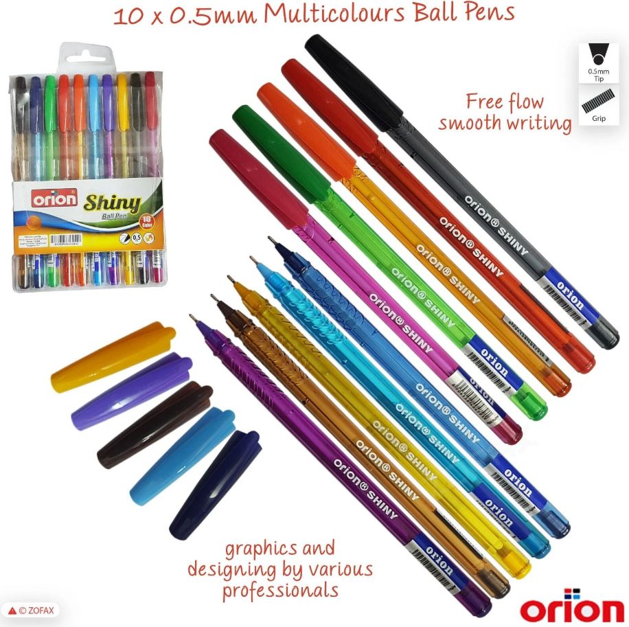 Orion Shiny Ball Pen 0.5 mm Multicolour Ballpoint Pens 10 x 0.5mm Fine Smooth Ink Flow Ball Pens Pack Of 10 Pcs