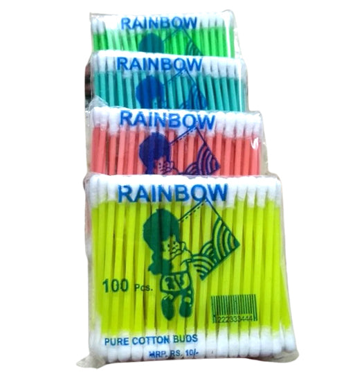 Rainbow Ear Buds Pure Cotton Buds Multi Color Soft and Gentle Finish Sterilized Cotton Head Superior Fixing Stronger Stick Untouched By Hand 12 Units Pack