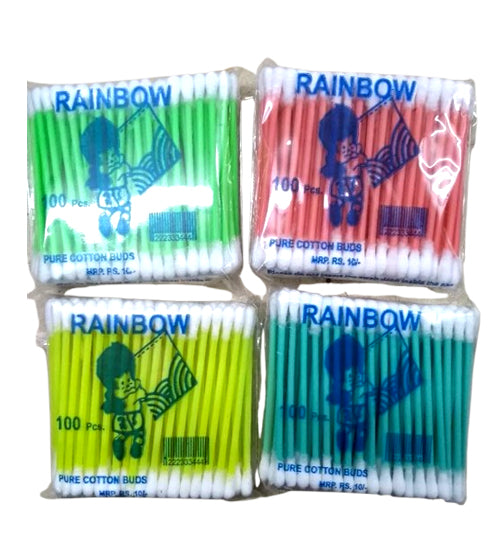 Rainbow Ear Buds Pure Cotton Buds Multi Color Soft and Gentle Finish Sterilized Cotton Head Superior Fixing Stronger Stick Untouched By Hand 12 Units Pack