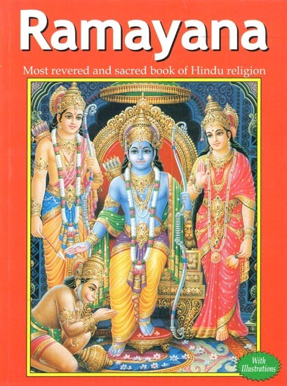 Cover of 'Ramayana' with illustrations of characters on a red background