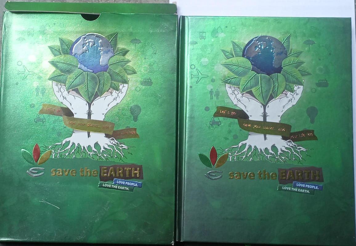 Two green books with 'Save the Earth' design on a white background