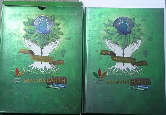 Two green books with 'Save the Earth' design on a white background