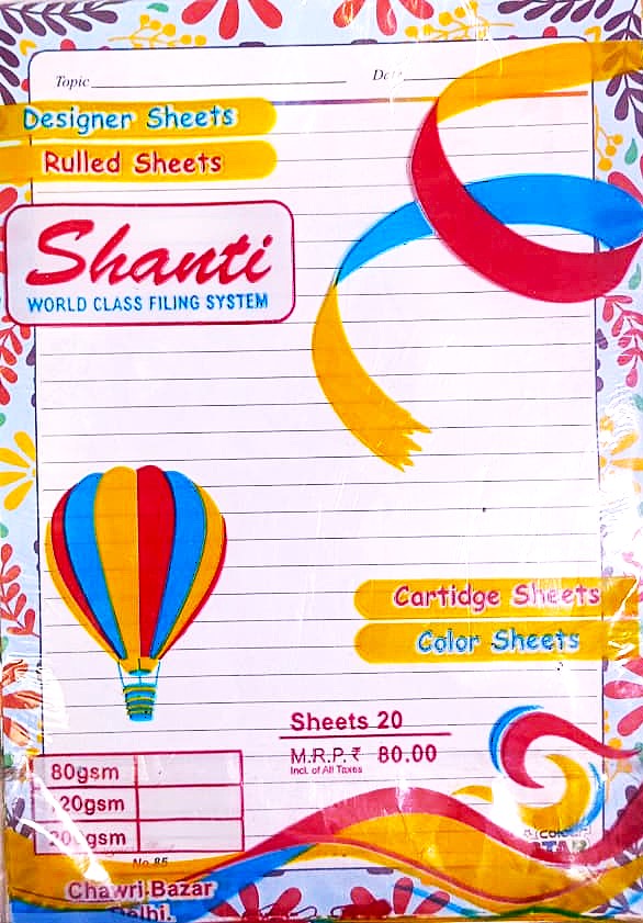 Shanti One Side Ruled Designer Sheets A4 Size Project Papers Floral Practical Sheets for Assignment Art and Craft Pack of 20 Mix Sheets 4 Design Each 80 GSM