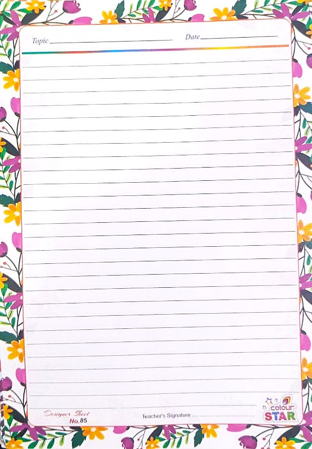 Shanti One Side Ruled Designer Sheets A4 Size Project Papers Floral Practical Sheets for Assignment Art and Craft Pack of 20 Mix Sheets 4 Design Each 80 GSM