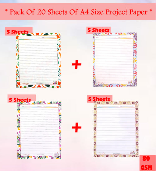 Shanti One Side Ruled Designer Sheets A4 Size Project Papers Floral Practical Sheets for Assignment Art and Craft Pack of 20 Mix Sheets 4 Design Each 80 GSM