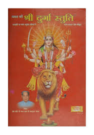 Book cover with a deity on a lion and text in Hindi