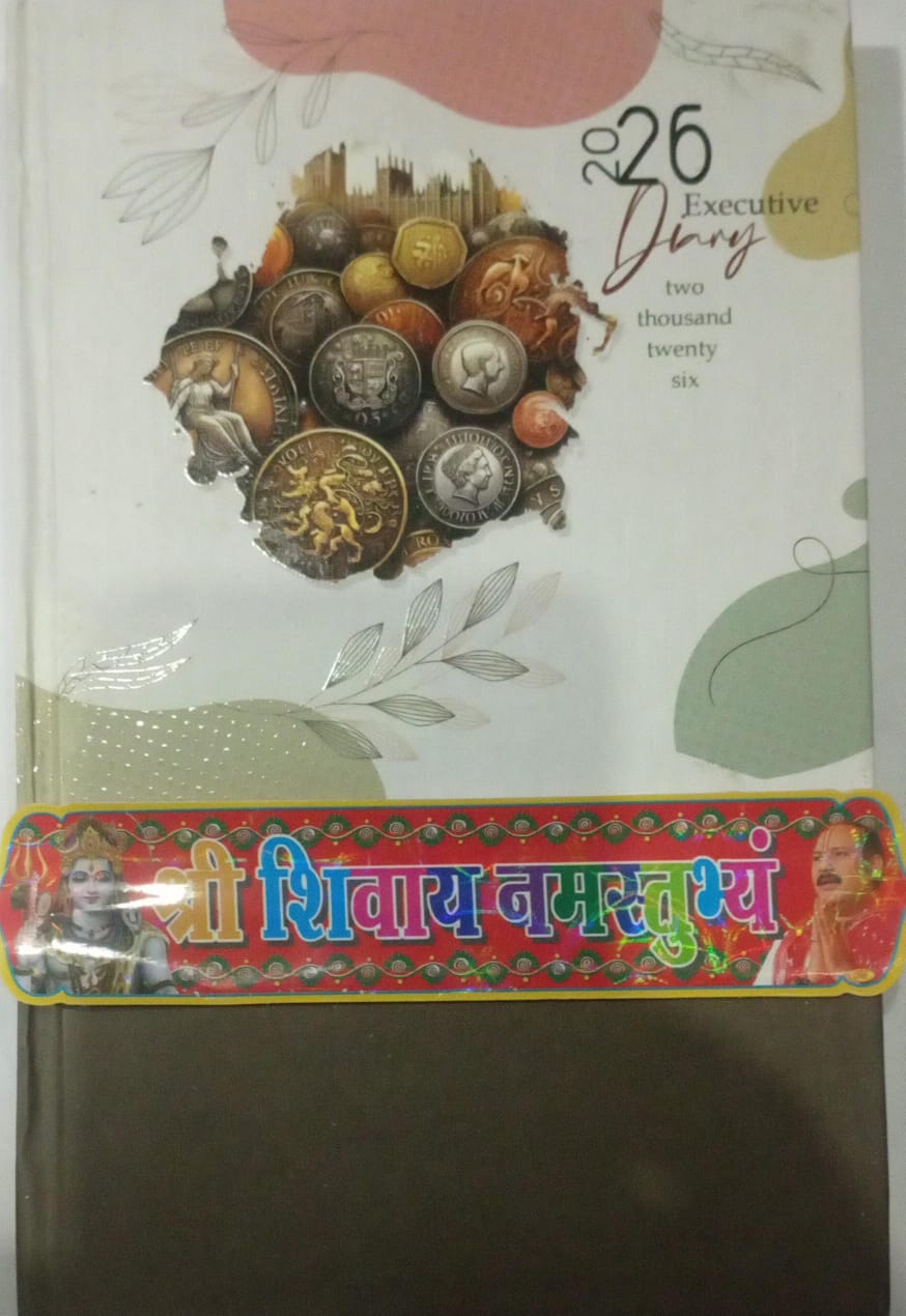 Decorative book with metallic buttons and colorful text on a white background